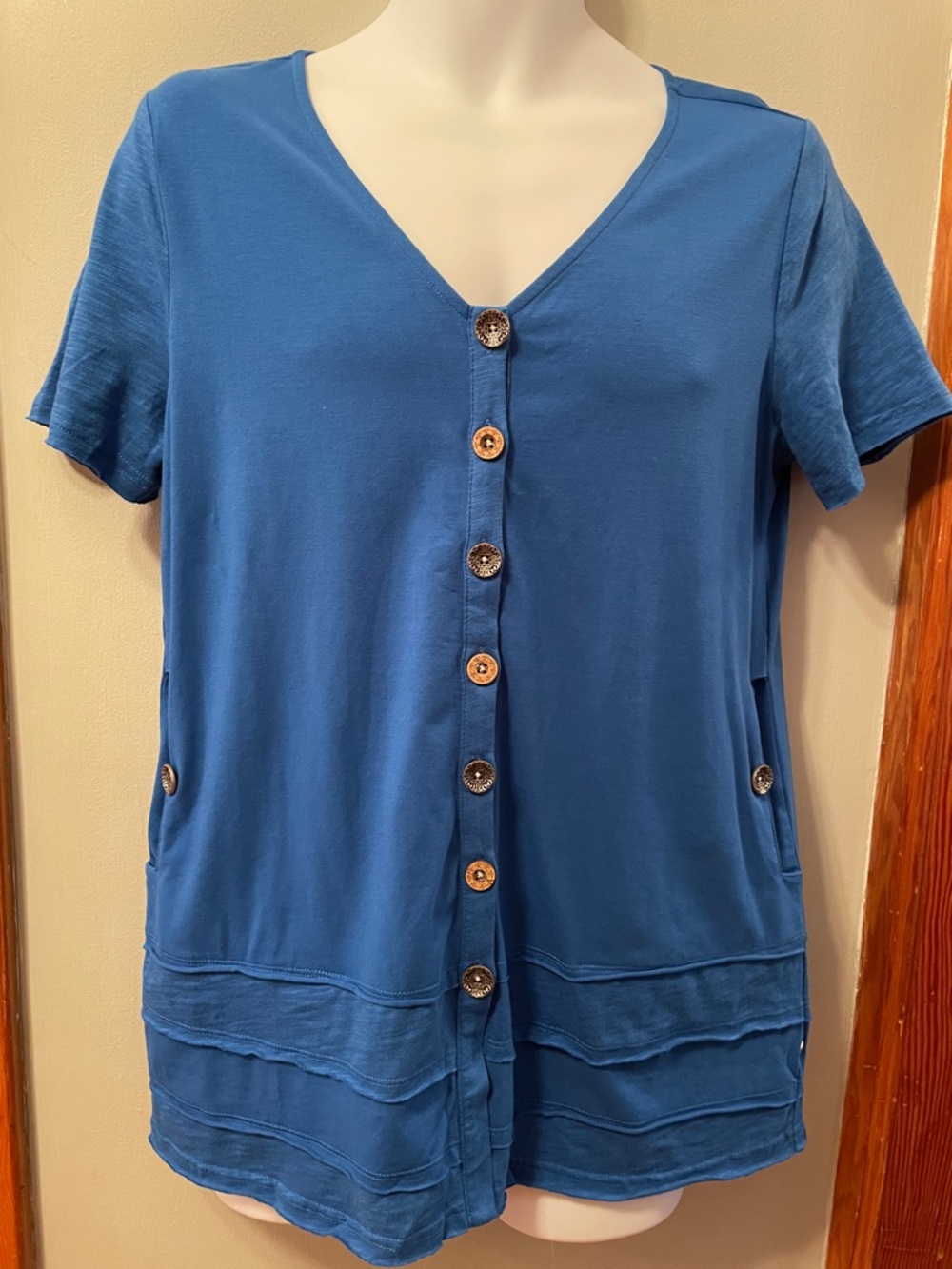 NEON BUDDAH Vibrant Blue Boho V-Neck Button-Front Short Sleeve Indie Women’s Top